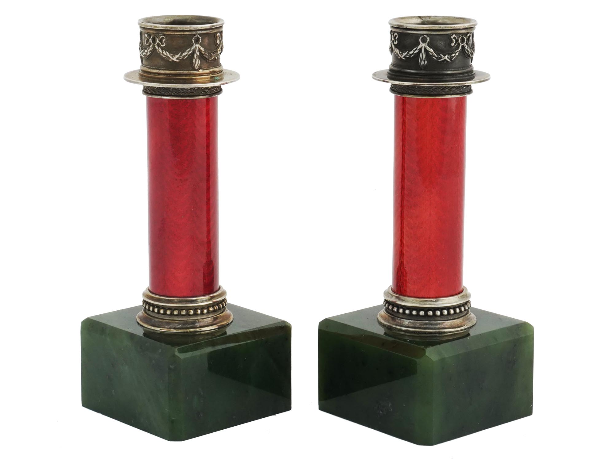 PAIR OF RUSSIAN SILVER ENAMEL JADE CANDLESTICKS PIC-1